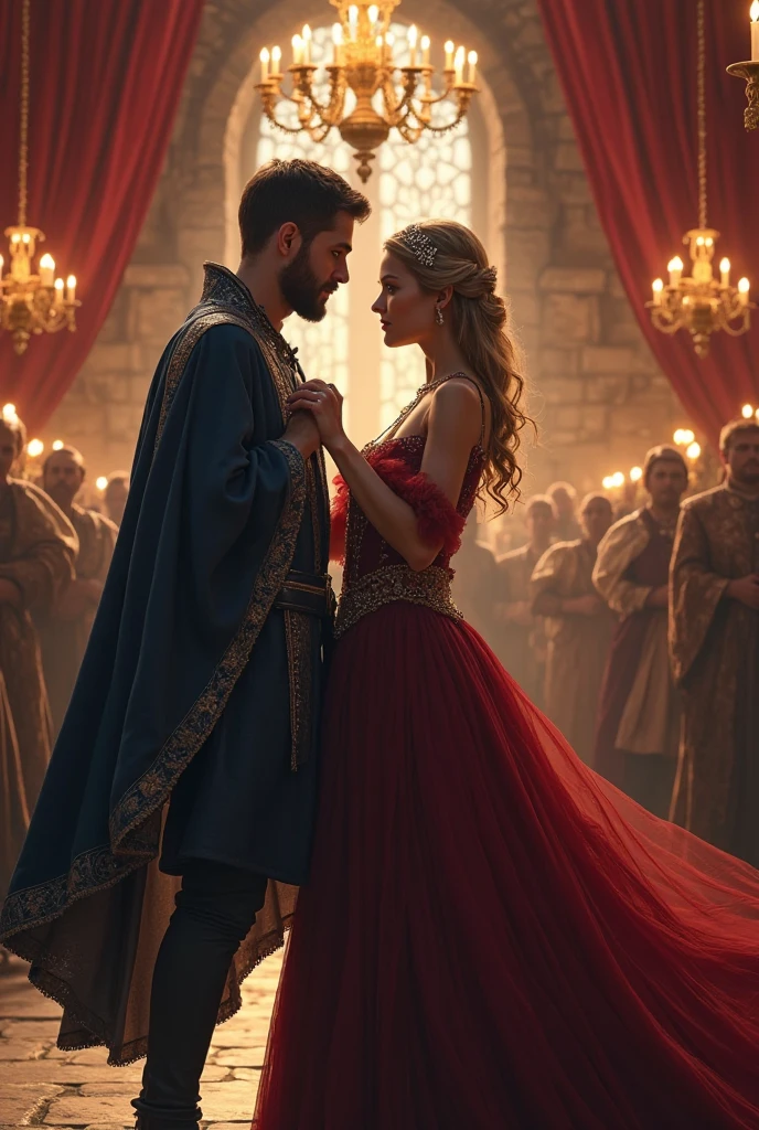 An handsome king in an sexy manner with his beautiful queen in his kingdom while the jealous ladies stood by