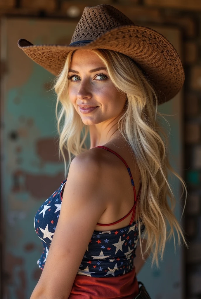 A 23-year-old blonde woman, ((pechos grandes)), ((hiperrealismo)). Blonde hair with light brown roots, cabello rubio, cabello extra largo, cabello muy largo, really long hair styled in beachy waves. Photo taken with an iPhone, show entire body, whole body in frame, cleavage subtly visible. She is in her backyard setting up for a 4th of July gathering, wearing a blue sundress with white stars. The yard is decorated with American flags and fairy lights, and she is arranging a picnic table with patriotic-themed plates and utensils