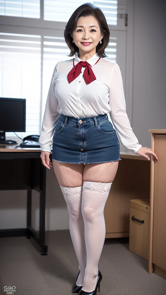 ((Top Best quality, 8k, Masterpiece :1.3)), Sharp focus :1.3, A sexy girl 20 years old with perfect figure :1.3, Slender abs :1.3, korean , ((K-Pop idols)), 、((full body)), high resolution, Best quality, Works of masters, A high resolution, 1girl, Super beautiful face, super beautiful eye, Super beautiful platinum white mohawk hair, ((detailed face)), (detailed eyes)), (MagazineCover:1.2),((detailed office uniform)),((detailed hand)), ((detailed clothing)), ((detailed white tight shirt)),((detailed mini short tight skirt)), ((detailed pantyhose)), ((airport nation)), revealing cleavage, Expose shoulders, accentuated super huge enormously gigantic nude and nipples exposed
