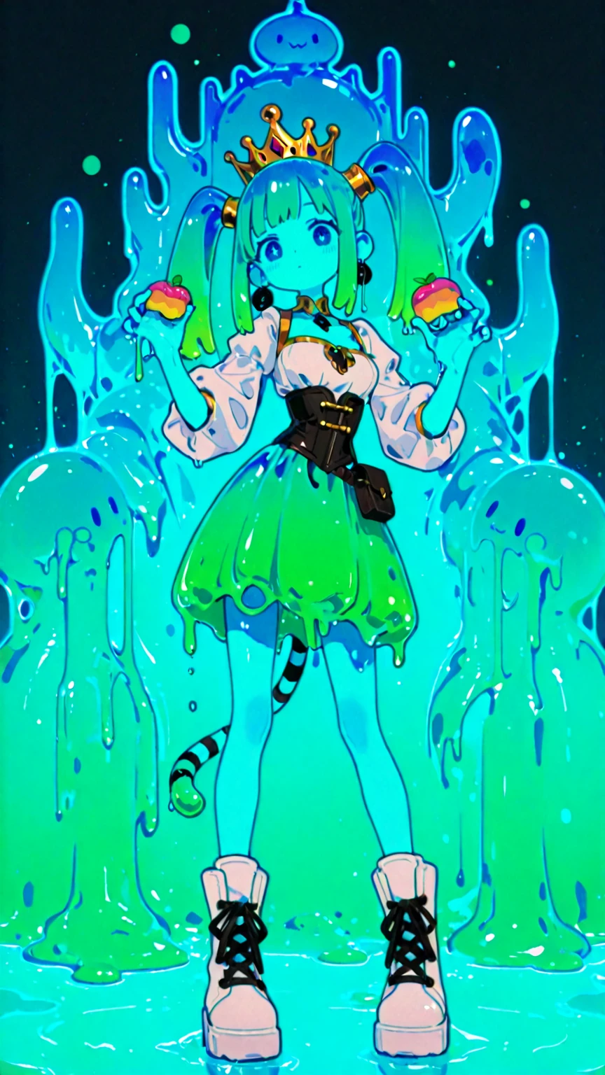 two fully gooey dripping slime girls  in their 20s, in love, happy, Smiling,,entire body covered in slime, head to toe covered in slime, Yoji Shinkawa, 
Peter Bohrbacher, Greg Rutkowski, Night light, 
glowing neon
wearing latex crop tops and short latex shorts
fine lines, definite lines, no unclear or blurry lines
all visible is gooey drippign slime and they are proud and enjoy that very much, belly is included in this too, skin on legs and belly is actually dripping gooey slime!
their ENTIRE BODY is made of dripping goopy slime.
both of the girl's bellys are completely slime