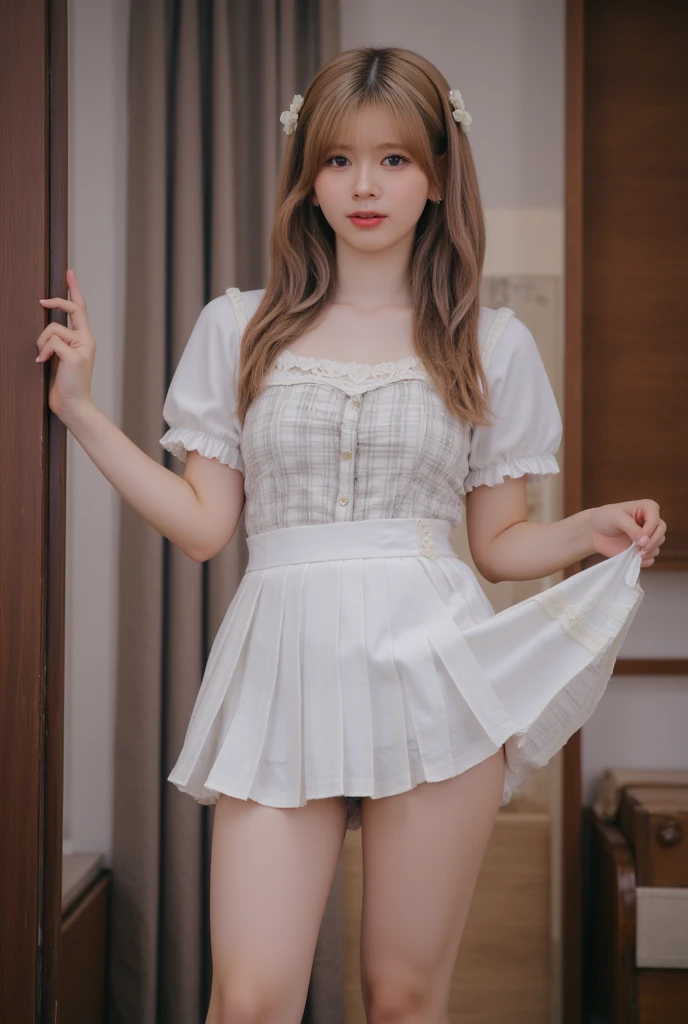 Fair complexion,Kneeling position,Open your legs outward,with hands resting on knees,The whole body must be exposed,One man only,Brown hair,long eyelasher,A shallow smile,Blushlush,red pupils,super detailing,Best quality at best,White lace-up heels,Knee-length pleated skirt,White ribbon and bow,Sleeveless bandeau dress,Silk collar,Gorgeous décor,He wears a large white ribbon,A large bow is worn on his head,White extra-long lace gloves,Golden decoration,White lace stockings,The gloves fit perfectly with the clothes,The skirt has a gorgeous pattern,Slim body proportions