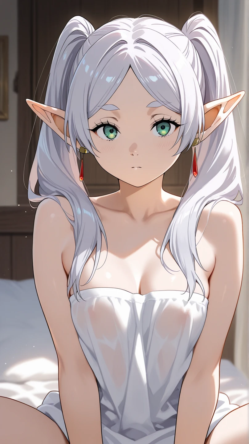 Masterpiece、Anime Coloring、Ultra fine、、、One Girl、Open your mouth wide、Lower Angle、cowboy shot、looking at the camera、smile、blush、Watery eye、((Pink floral bra、 underwear))、Leaning forward、Bedroom、sunny、Gray Hair、Long Hair、Elf Ears