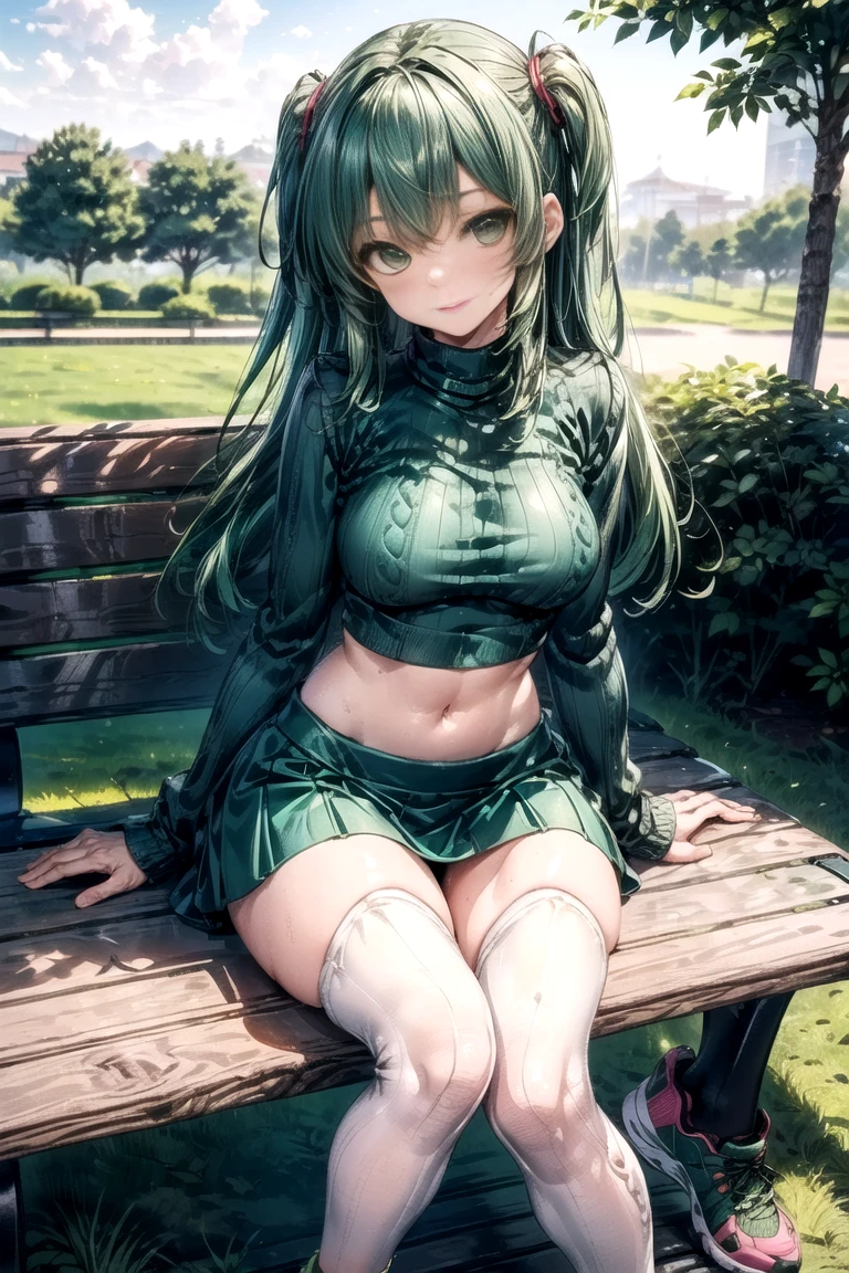 , Croped, , cleavage, slim waist, cropped hoodie underboob, cropped hoodieunderboobhoodie, 1girl, 2 wolf ears, wolf tail, marijuana crop hoodie, crop shorts, marijuana hoodie, spiky hair, spiky fur, green hair, red eyes,marijuana field, tight clothes, perfect eyes, perfect hands, clear resolution, full body, cleavage skin, marijuana plants, open hoodie, marijuana scenery, black thigh high socks, full body, earrings, 1girl, skirt, cleavage, slim waist, cleavage, slim waist, hair pulled back,