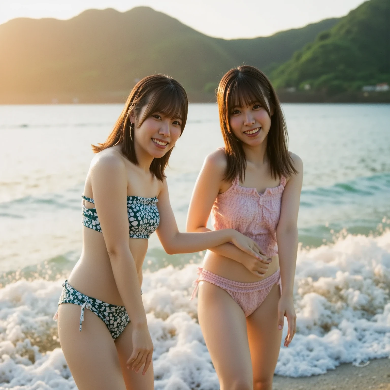(((barefoot young slender beautiful Japanese girls on mud beach))), natural front lighting, ultra sharp focus,braided black twin-tail hair, (((light pale white skin color))),blue large eyes with long eyelashes and double eyelids, dynamic angle,red lip,smile, ((waving arms)), ((huge breasts)), (full body shot:2), (((wearing floral mini skirt swimwear))), (beautiful face:2),(((beautiful))), 8k details