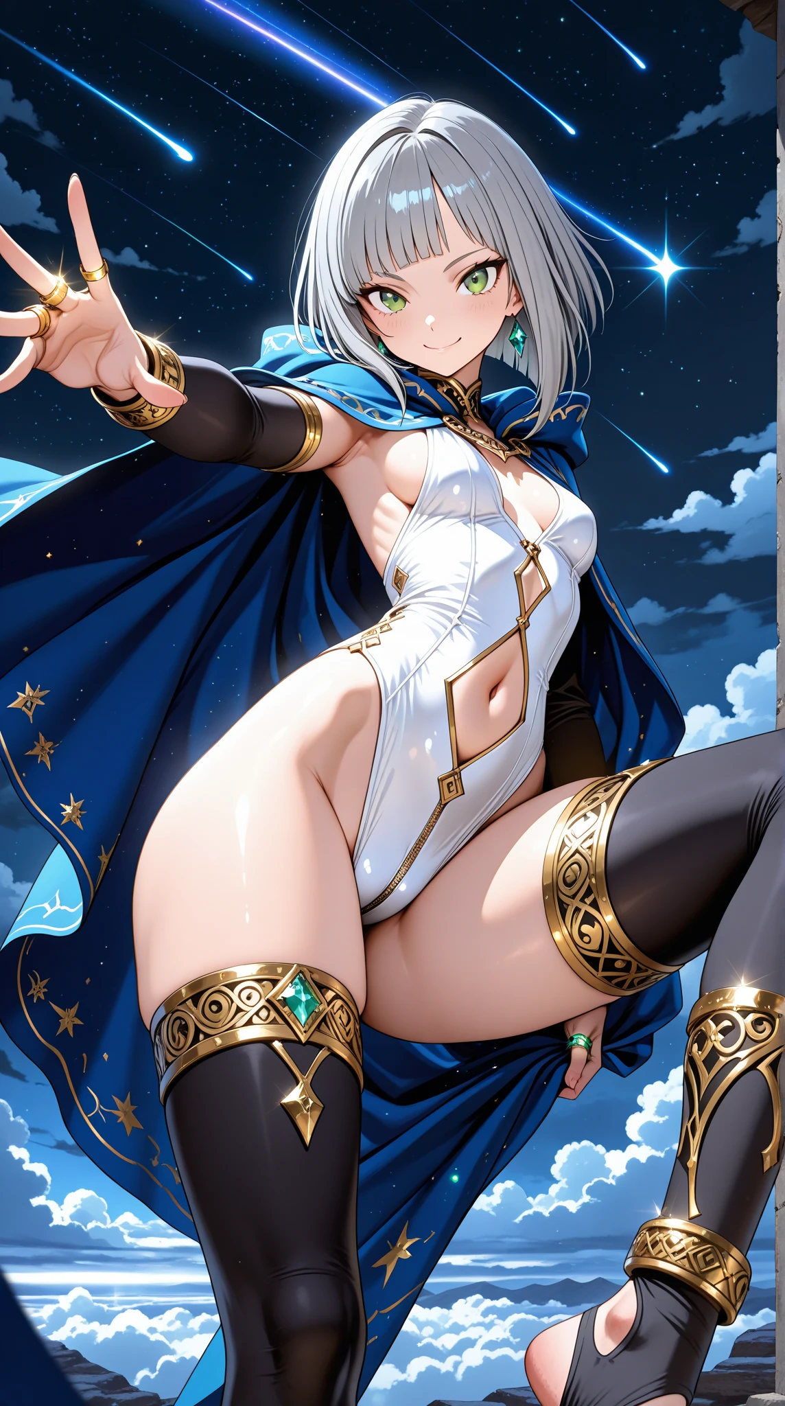 Cape、(((Golden Tattoo)))、(((naked)))、(((pubic hair)))、Female organ、Beautiful beauty、blonde bob、((whole body))、(((Photo taken from below)))、Night Sky、The background is a night forest