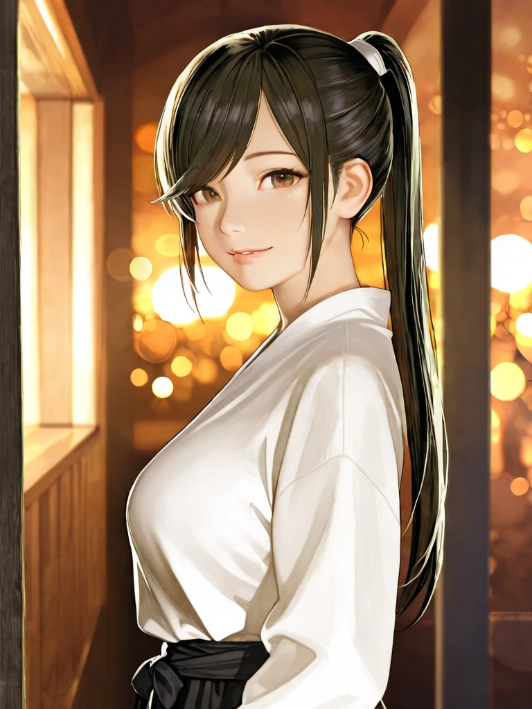 (high-quality, breathtaking),(expressive eyes, perfect face) ((yukata, cleavage, sexy lips)), 1girl, female, solo, young adult, black hair , brown coloured eyes, stylised hair, gentle smile, long length hair, loose hair, hair between eyes, japanese clothing, demon slayer art style