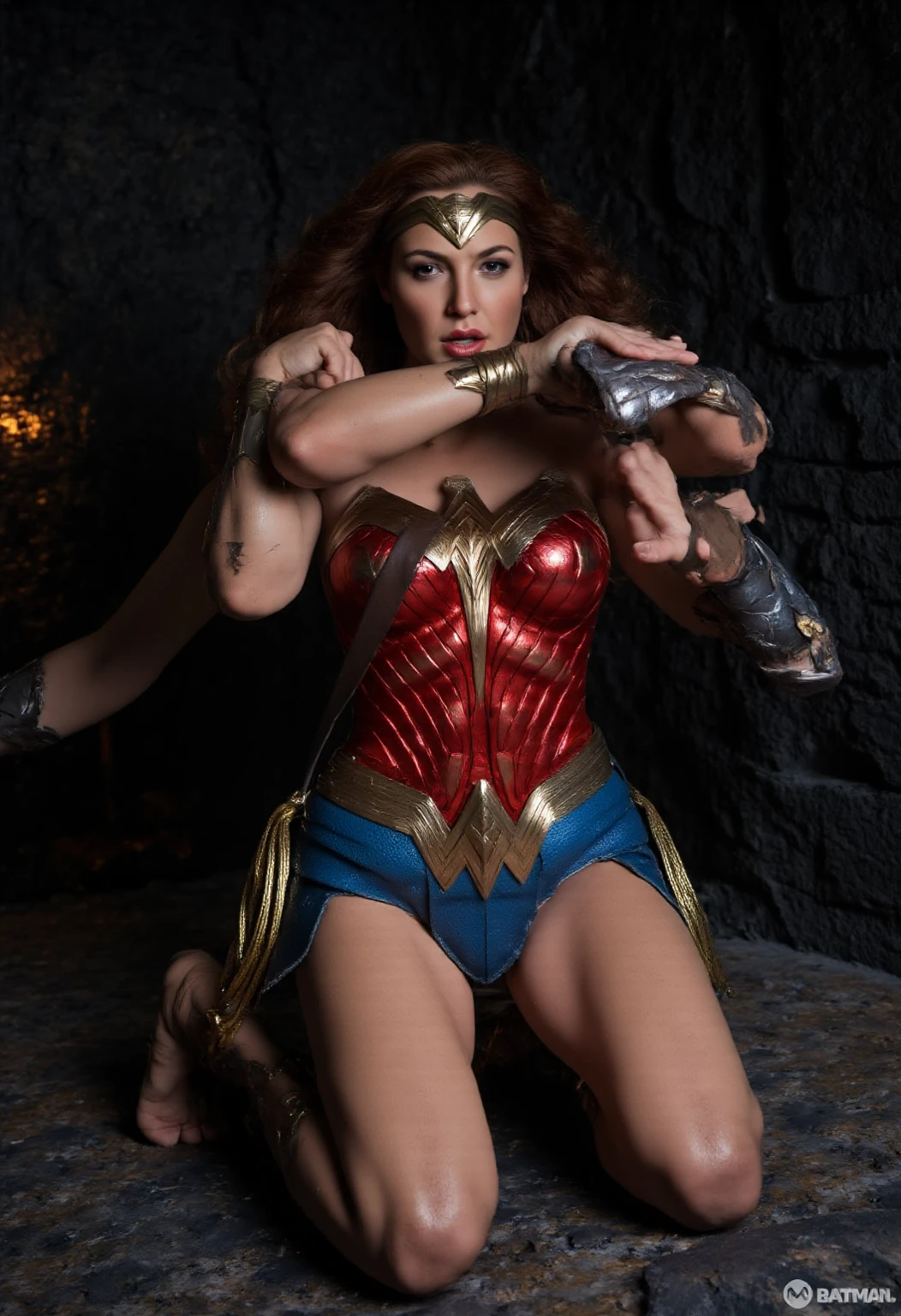 (masterpiece), (highest quality), (illustration), (super detailed), (high resolution), ((((plump body, sagging breast, pubic hair)))), (((couple))), (((indonesian wonder woman mother))), (((chubby mother))), (((wearing wonder woman costume))), ((horny face, orgasm, cum shot, sperm shot, BDSM, spread arms, hands up and tied by rope)), spread legs with ugly monster on the monster cave 