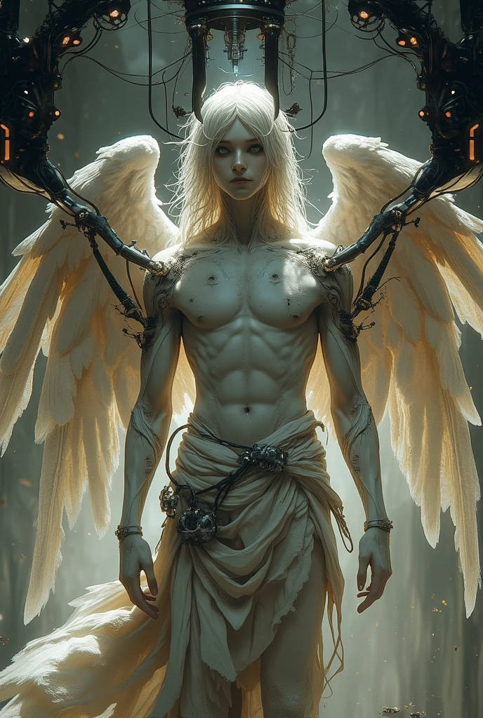 Create a drawing of a half-human body and a cyborg on the side with demonic wings and angelic wings and a crown and horns and that on the face a psychopathic smile is shown and on the chest it has a tattoo of the Taurus zodiac sign and in the center of it the sign of the mark of sacrifice that has a physique of a water god and a beauty of an ada