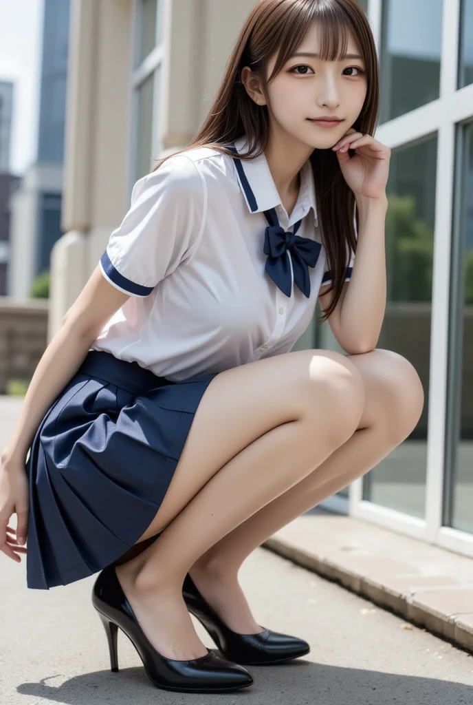 (realistic silk panties:1.3),(Looking directly at Viewer:1.5),(big smile:1.2)32K, masterpiece, Raw photo, Best Quality, Photorealistic, Highly detailed CG Unity 32K wallpaper, depth of fields, Cinematic Light, Lens Flare, Ray tracing, (Extremely beautiful face, Beautiful lips, Beautiful eyes), intricate detailed face, ((Ultra detailed skin)) 1girl in, deep shadow, Cutest Pretty Japanese girl, Super Idol, 1 girl,(Happy smile:1.3), Clear eyes, Front shot, (pale skin), (Big eyes:1.2), Face forward, (Brown hairs), thick thighs, (Japanese school uniform:1.1),(double eyelies:1.3),long eyelashes,(white panties:1.2),balanced elegant face,(small mouth:1.1),drooping eyes