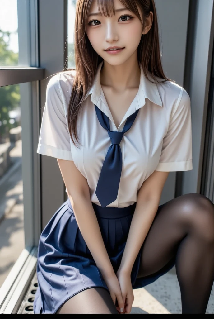 (Highest quality, 8k, 32K, masterpiece, Ultra-high resolution:1.2), Cute like an idol、 (Huge breasts:1.1), Short black hair, bangs,expensive, (school uniform), Tight waist, Junior high school girl、Black knee-highs、Sit at a desk、Spread your legs、From before