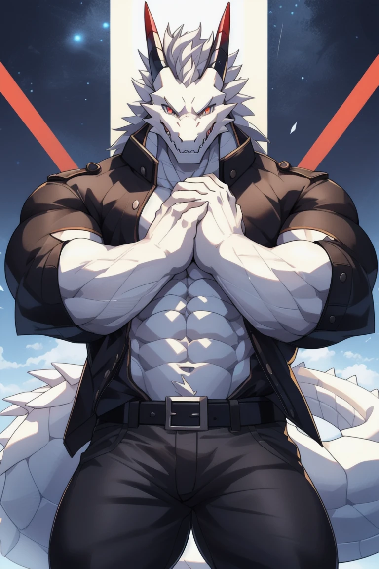 Thin macho white dragon abs Hollow abs thick arms chest rig 、sweaty skin glow profile Wearily short of breath clenching one's back teeth Knees on the floor rubber suit