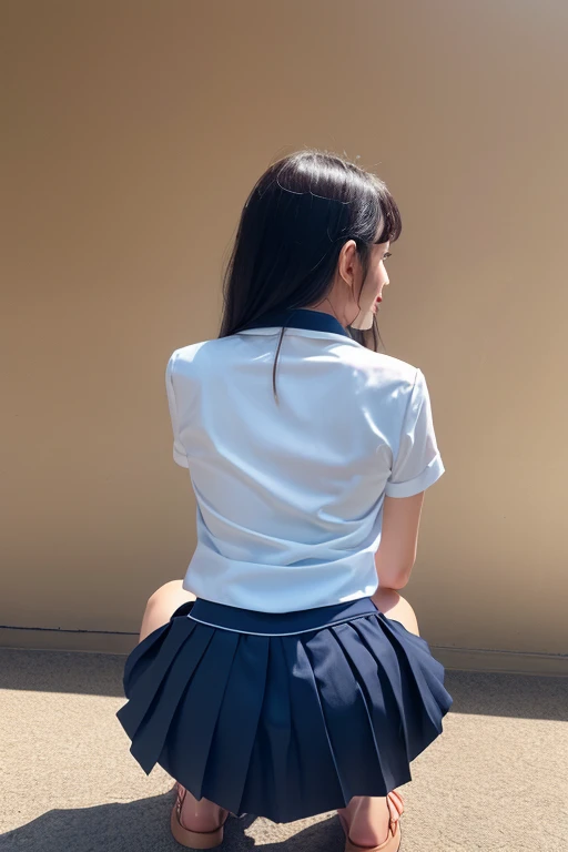 NSFW, ((Backwards)), ((Show me your ass)), (masterpiece, Highest quality:1.2), 8K, Young and beautiful girl, 85mm,Official AR RAW Photos, (Baby Face), ((Small face)), ((Big Breasts))、((Full nudity)), Detailed nipples, (((Lying on the bed))), Show me your ears、photo shoot, Cute face, Thighs, Embarrassing、smile、 makeup, Film Grain, chromatic aberration, Sharp focus, Face Light, Bright lighting, 10 generations, Detailed face, Background blur、((((((14 year old high school girl))))))、Narrow waist, Sailor suit、Dark blue mini skirt、White tiny panties, Sleeping on the bed, Detailed pubic hair, (Sensual look), (Seductive pose)
