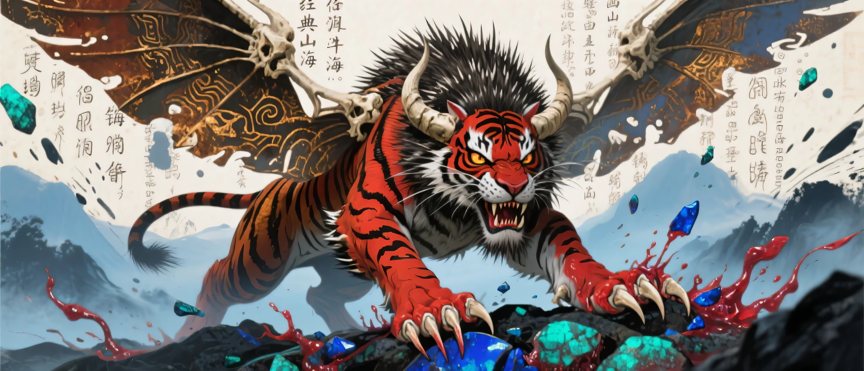 a fantasy creature from an ancient chinese forklore, a striped dog, biting a snake, mecha cyberpunk style, post-apocalypse rubble ruined city, majestic, chaotic, intricate details, (standing on the cloud), green lightning, cluttered composition