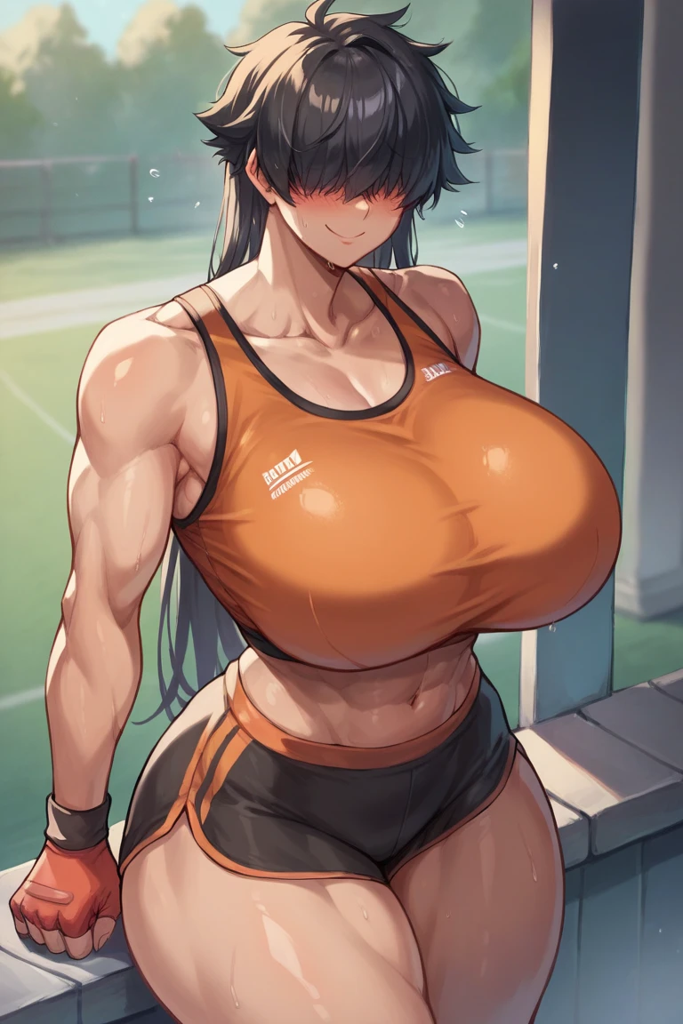 ((((girl muscular thick)))) pale skin black hair yellow eyes huge breasts body suit toned body sad frown blush long hair