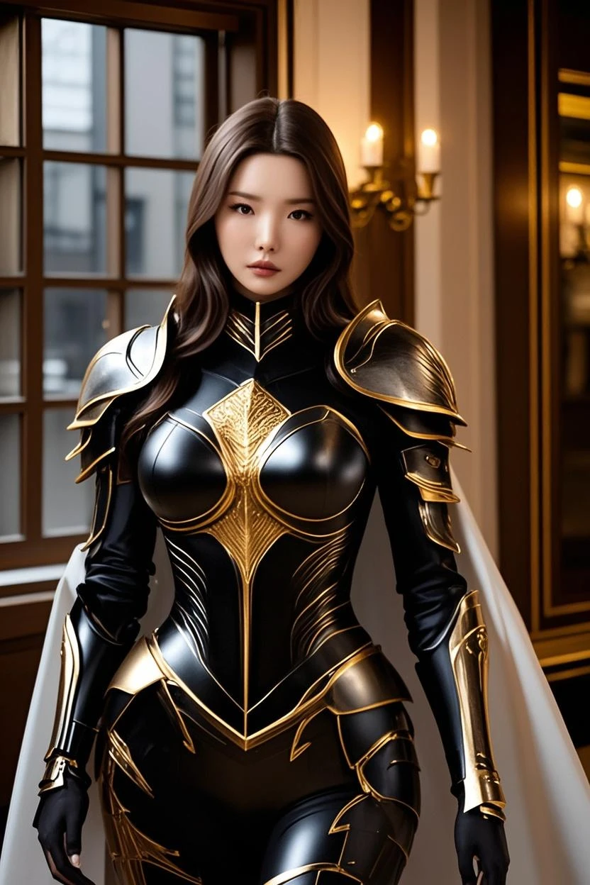 tmasterpiece，CG wallpaper，Close-up of wolf-shaped sculpture in black and yellow armor，Super detailed rendering，Future Style，                        Female future warriors，Sit on the shoulders of the wolf，Petite and cute，