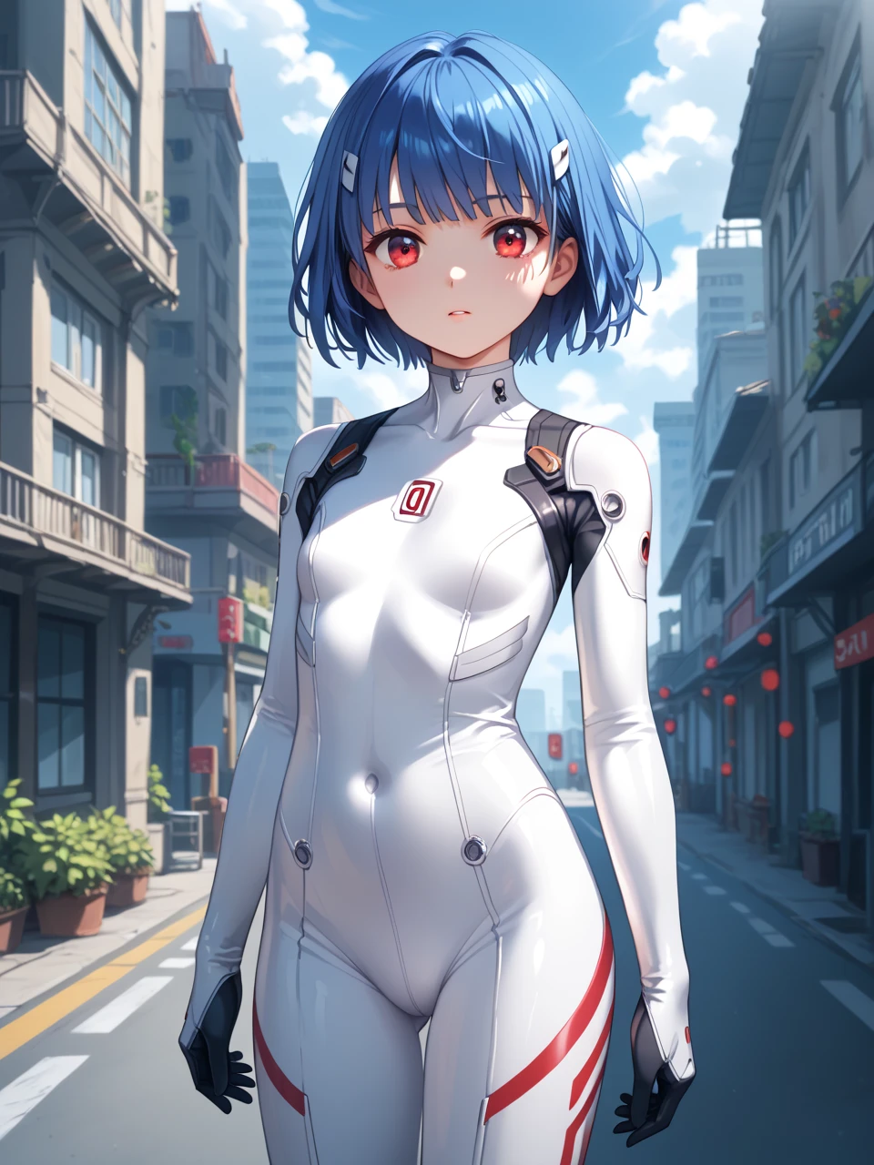 Haz que Rei Ayanami tenga un cuerpo esbelto y un cuerpo completo con un busto grande y de trasero grande y muslos anchos.
of broad build and with a slender body in a tight suit with a beautiful smile and a beautiful look with perfect facial features in anime style.