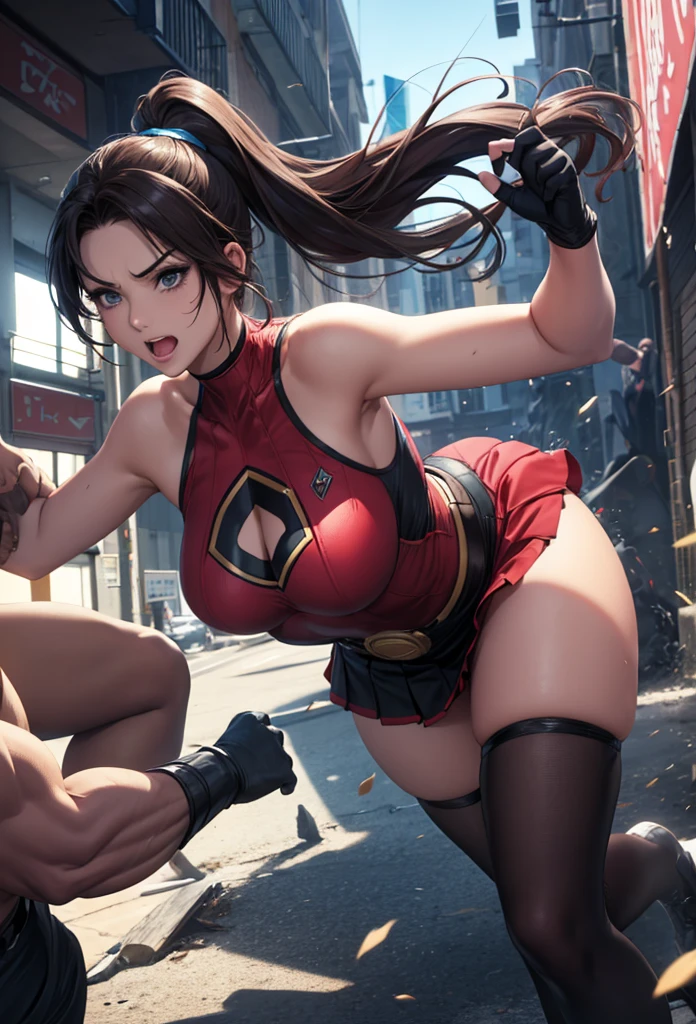 The image depicts Chun-Li in a qipao. The sheer fabric qipao is wine red color, with gold detailed embroidery accents and short skirt that allows freedom of movement for its powerful kicks. She also wears white socks and boots, further enhancing her sleek appearance. (((erect nipple))), ((areolas)), (Korean(kpop idol)), ((puffy eyes)), powerful Street Fighter fighters, in a dynamic and intense confrontation. fighters are immersed in a dynamic pose. Cammy performs an acrobatic leap in the air, displaying her agility and dexterity. She swings her leg back, bracing herself for a precise kick. Her long black hair floats in the wind, giving her an imposing appearance. The image is set in a nighttime urban setting, with neon-lit streets and tall buildings in the background. The bright lights cast dramatic shadows over the fighters, highlighting their tense muscles and determined expressions. Sparks and motion effects add a touch of dynamism to the scene, capturing the energy of confrontation. (nsfw)