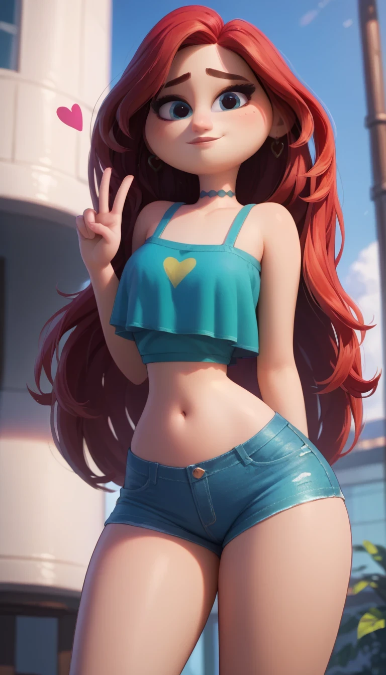 Chelsea, 1 girl, standing alone, jewerly, long hair, Red hair, aretes, ssmile, heart sign with fingers, looking ahead at viewer, eyes black, green regatta, tight denim shorts, ((whole body)), bare thighs, curves, nice legs, front, pose, best qualityer, no flaws