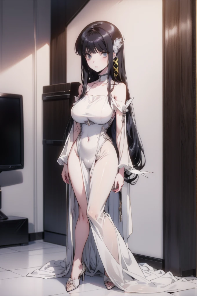 Anime - Stylistic image of a woman in a white costume and black stockings, full-body xianxia, Albedo from Overlord, seductive anime girls, Anime goddess, beautiful and seductive anime woman, [ 4 K Digital Art Sleek anime CG art, black-white skintight robes!, Albedo, Guweiz in Pixiv ArtStation，Character background optimization