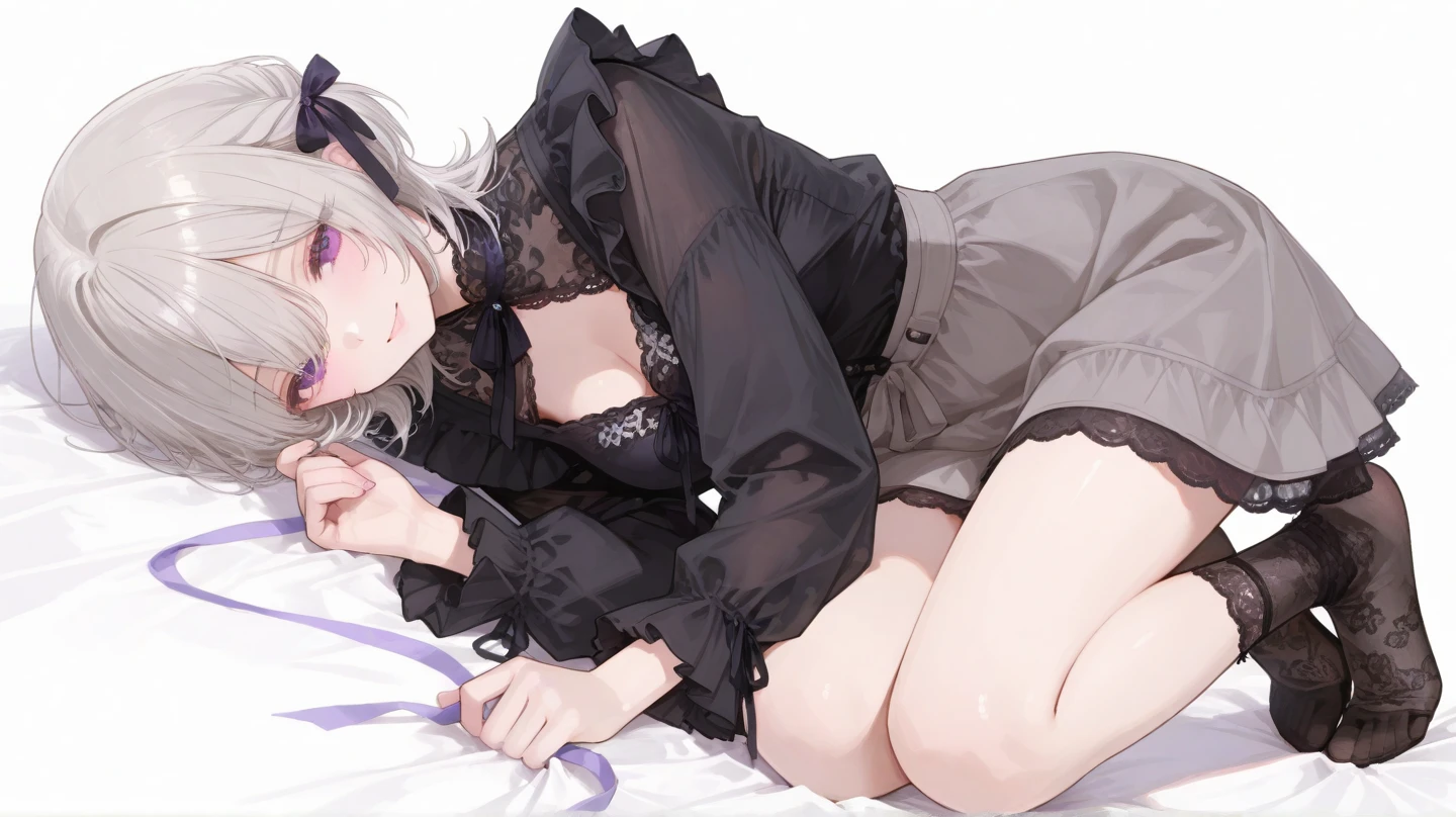 realisitic, 1 girl, White hair, purples eyes, glare eyes, top cut, overskirt, parted lips, blush, natta, flowers, floor, floorlight,