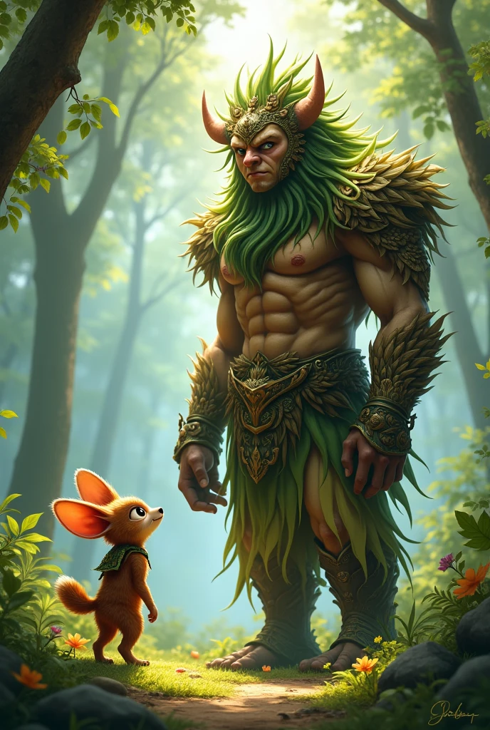 Handsome guy , Korean. He has very dark skin., yellow hair knee length with side bangs. He has faun ears., in the ears gold earrings rings. On the head are deer antlers. He has a bare torso and furry brown pants and shoes in the shape of hooves.. He has a red heart pendant.. He squats in a thicket of ferns and shoots an arrow from a bow.. He smiles beautifully. A kind jaguar next to him.