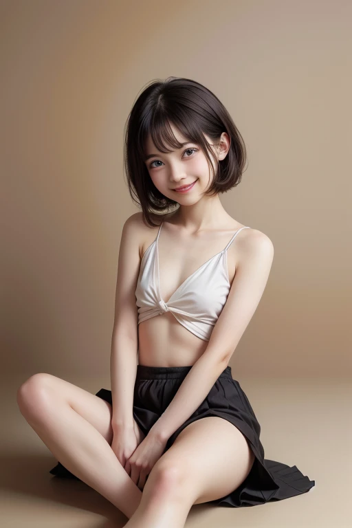 Beautiful woman looking at camera, very sexy maid costume, detailed photo, petite person, (slim, small, flat, small), sexy pose, wet body, soaked, 10 year old girl, sexual expression, wet body, short hair, kneeling, from above, slender, delicate and sexy collarbone, on all fours, upper horn: 1.5, palm on the floor, very sexy Akihabara maid dress, maid headdress