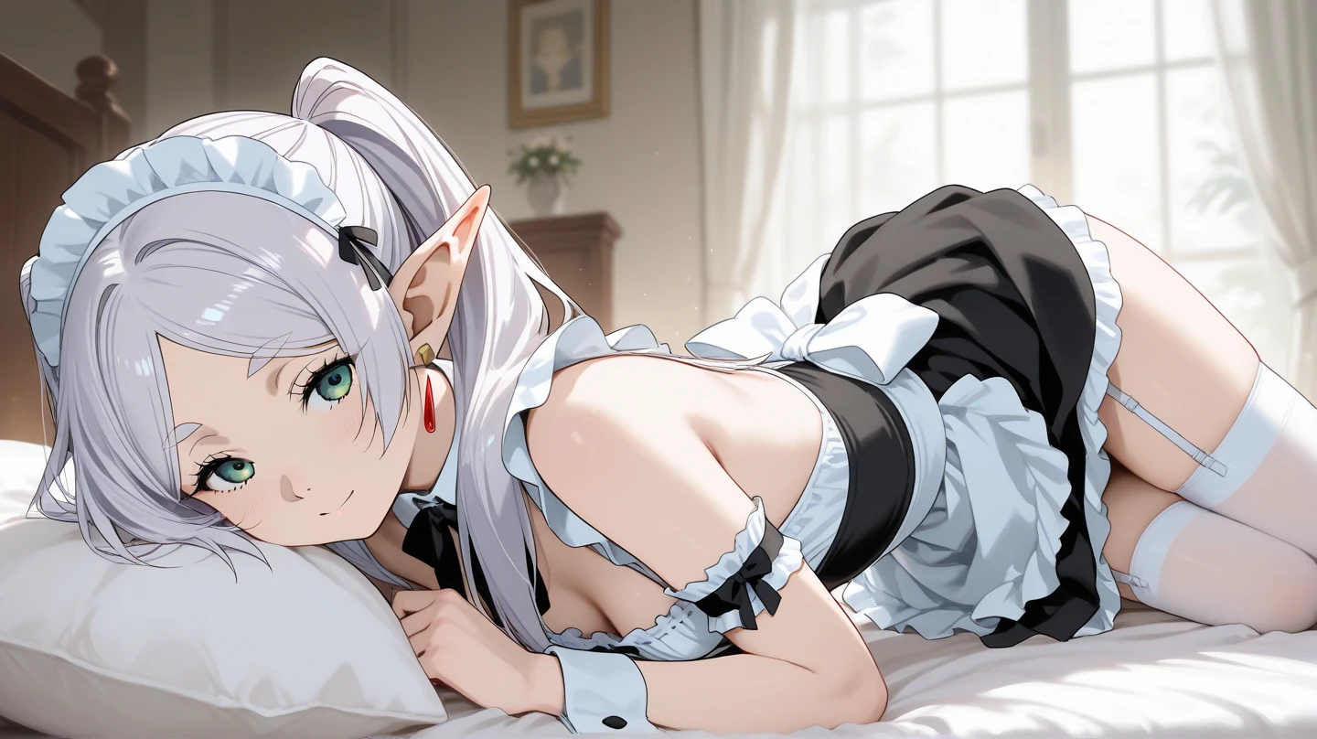 Maid costume，White pantyhose，White hair，Long hair，Cat ear，Heterochromia blue-yellow，Smile，Female face，There are bright spots in the eyes，Female hands，White little hands，Normal fingers，flat chest，2 people，in the room，Lying on the bed，One of them lies on top of another