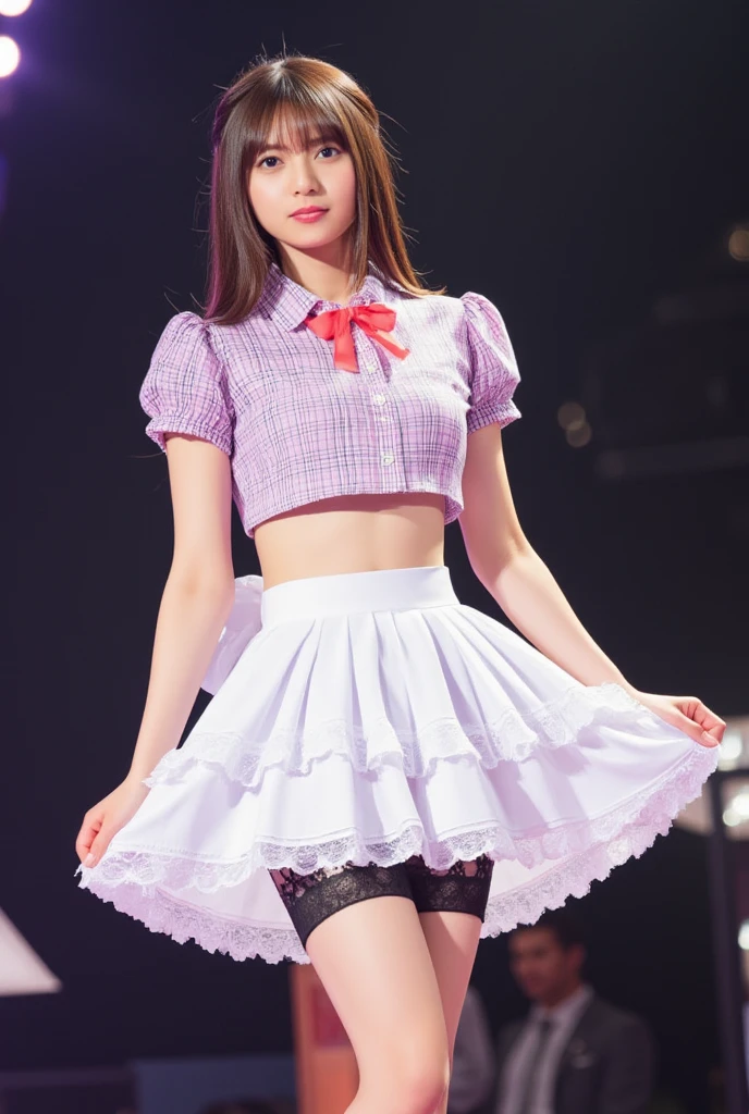 (RAW photo, highest quality), (realistic, Photoreal:1.3),highest quality,very detailed,table top,Super detailed,shape,1 girl,upper_body,dynamic angle,world masterpiece theater,Messy_length_hair,highest quality,very detailed CG Unity 8K 壁紙,pitch black,wonderful,cinematic lighting,lens_flare,very detailed、((Euphoric look))、((orgasm:1.2))、((smile:1.15))、((sweating:1.4))、((translucent:1.55、肌に吸い付く襟付きでbodyのシルエットを美しく見せるセーラー服型ボディスーツ.:1.6))、Pink and red、ribbon、Sailor Hut、double ruffle garter、super cute girl、10th generation、Part of an idol group、(((at the concert「ザ☆ピ〜s!」dancing)))、(spread your legs wide), (Pull your hips back), (Arch the upper body), and place your left hand on your hip.、Right hand salutes with two fingers、hairが動いている、spotlight of、professional lighting、cinematic light、Three-dimensional、viewer'perspective、視聴者のperspective、