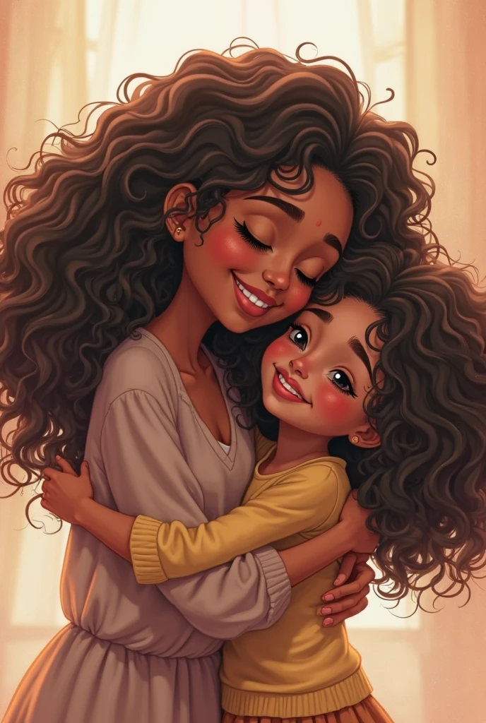 30-year-old mother with hazelnut brown skin and oval face and  daughter with pearly complexion and defined face, both with black, curly and long hair