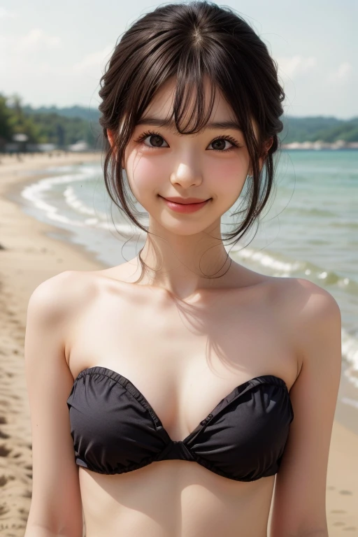 (Masterpiece, BestQuality:1.3), (ultra detailed 8k cg:1.2), (hyperrealistic:1.35), (Photorealistic:1.5), (realistic:1.5), (ultra high res:1.2),(RAW photo:1.2), highres, ultra detailed,absurdres,cinematic lighting, (bokeh:1.6), (sharp focus:1.3), delicate composition,vibrant details,(extremely detailed beautiful face and eyes:1.4), (extremely detailed beautiful hair:1.4),(porcelain skin,smooth skin:1.3),(black hair,black eyes:1.1),(japanese idol),(is wearing extremely detailed sweet micro Bikini:1.4),(extremely detailed lace panties:1.3),skindantation,(Hourglass body:1.2), (young hands:1.4),{short hair|medium hair|long hair},(nsfw:1.1),({1::small|1::largr|1::huge} breasts:1.4),(depth of field:1.2) ,natural shading,(full lips,pointy nose:1.1),({A bit down|Half-smile|laugh}:1.3),{Arching the back|Booty pose|Swayback stance|Kneeling pose|Showcasing cleavage|Emphasize the cleavage|Seductive pose},(detailed beach background:1.2),(looking at viewer:1.2),finely detail, (ideal ratio body propotions:1.2),soft saturation