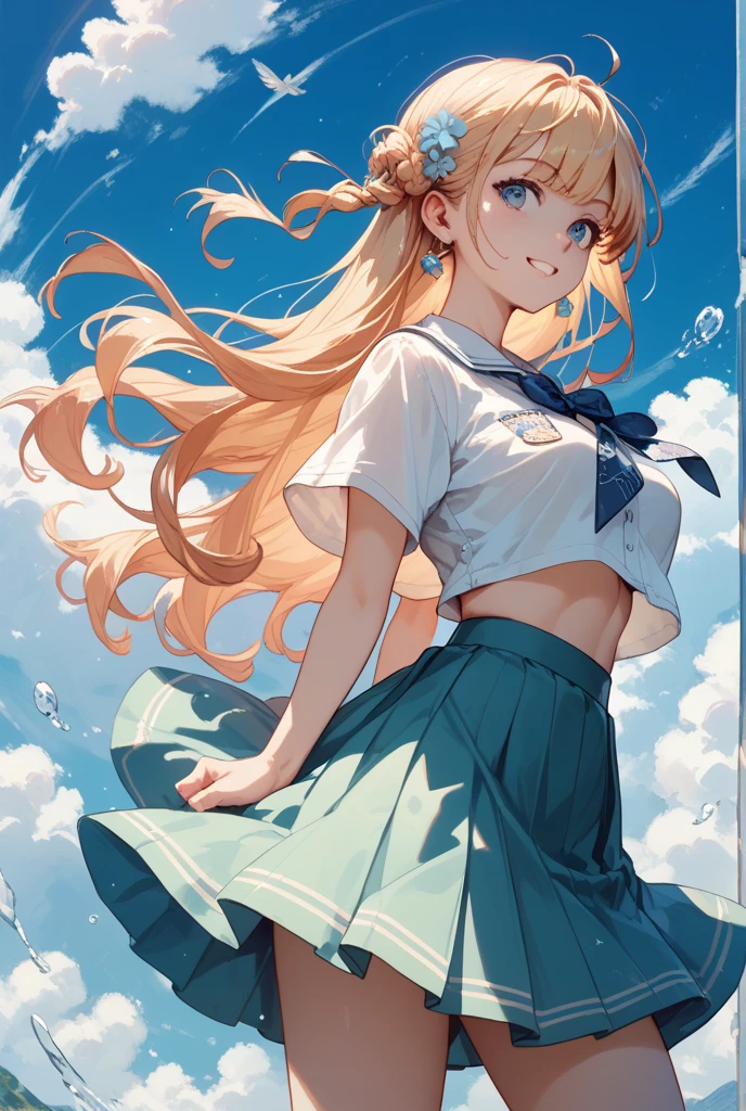 (masterpiece:1.2), best quality, high resolution, unity 8k wallpaper, illustration, extremely detailed eyes, extremely detailed face, extremely detailed CG, (1girl, solo:1.5), {{perfect anatomy}}, (panorama:0.5), ((view from below)), ((looking up at the sky)), ((clear sky with rainbow)), white shirt, crop top, mini skirt, ((wet clothes)), ((wet hair)), park, COLORFUL PORTRAITS, lily, long blonde hair, blue eyes,