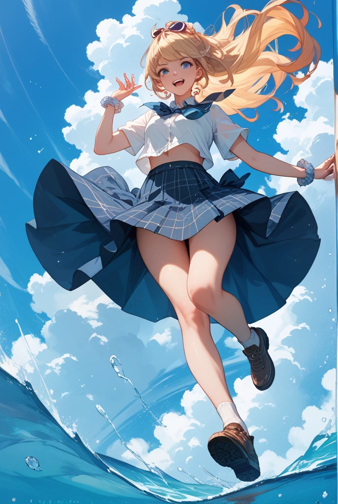 Masterpiece、最high quality、high quality、High definition、High resolution、High detail、Lens flare、Ray tracing method、high qualityの質感、high qualityの影、Beautiful details、Detailed and delicate、Detailed texture、Realistic facial expression、Realistic and colorful、Delicate、Cinematic Light、Side light、Sharp Focus、(1 woman:1.3)、(Intricate details、Makeup、Pure Eros Face_v1:0.5)、(Details Beautiful delicate face、Detailed beautiful delicate eyes、Perfect Facial Proportions、Detailed skin、Charm)、fancy hairstyles、Beautiful bangs、(Two-tone gradient hair color)、slender、(Upturned beautiful breasts)、Raise your arm and make a peace sign、Detailed crotch、Female juice、(Experiencing the best orgasm)、Light-colored V-cut、Light-colored thong、Thigh mini skirt、Low-rise mini skirt、Front-button short-sleeve shirt、Crop top、Low-angle composition、The wind blows and sways