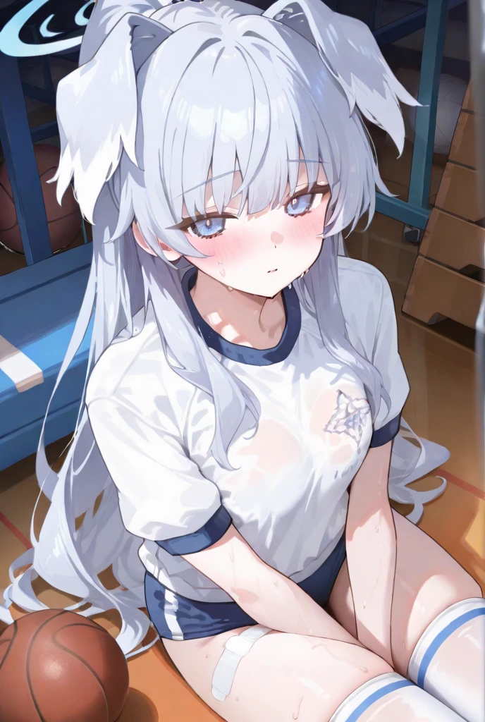 erotic, naked, hands behind head, legs apart, blushing, laughing slightly, naked, white hair, high school student, sweat, squatting, 1 person, naked, no clothes, front