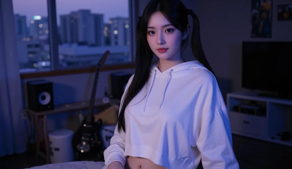 girl、Heaven、hotel、Black long straight hair、Glowing neon lights、Electronic Game Room、Sitting in a gaming chair、girl子玩游戏、Illuminated keyboard、Glowing cat ears、(((UV lamps、White shirt glowing under black light)))、Plump large breasts、Large cleavage、Satin shorts