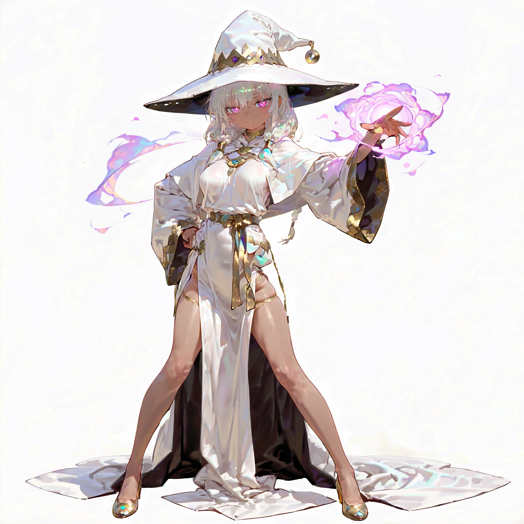 (((masterpiece))) , (((Best Quality))) , ((Ultra-detailed)) , (High Definition anime Illustration) , ((extremely delicate and beautiful)) , solo , Full body , mystical gnome sorcerer girl , pointed ear ,brown skin , with perfect eyes , glowing pink eyes , pale gold hair , black pupils , erotic magus robe , ((held mage and action posing)) , very confident , (poor breasts) , (Thin hips)(thin legs)(slender)(Character Focus) , highly detailed , Colorful , highest details , dressed , full body standing , Digital Painting , 8K High Resolution , trend art station , Whole body , (((white background)))(dungeons and dragons)