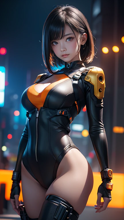 (Artwork of exceptional craftsmanship),(Detailed illustrations,(Art based on a very ideal anatomy),Very detailed and detailed drawing,Delicate lines with slow and rapid,(Realistic texture expression)),[Color tressed main line],[Shinjuku background at night],(HENTAI ANIME) (Japanese NINJA Girl (Beauty) 15yo student) petite and muscular [Slim body], fit thighs, Short Bob Cut,([hornet] Orange Ninja Battle Armor) scarf [stall] ((Fitting rubber inner) [honeycomb] [edg]) hair adornments (Dull metallic luster:0.8),gravure [KUNOICHI],(Perfectly proportioned),(Fine and beautiful skin expression [realistic skin detail]),(Design built to the highest level,[Advanced structural understanding of materials],Ideal color coordination),(Intricate and beautiful decoration (Dense detail)),(More on shiny hair),[Perfect hand details],(Beautiful perfect face [Realistic face details]),[Clear gaze],[long and beautiful eyelashes], orange eyes, [Perfect eye details (Eyes beautifully drawn down to the smallest detail)],(detaileds,high-detail),((Precision Detail),[multi-layer texture],HighQuality,hight resolution),[(Accurate simulation of light-material interactions),Understanding Airflow,Mechanically correct representation],[Visual art that conveys a sense of narrative] [Full body like], thigh gap,[[Desaturation]].