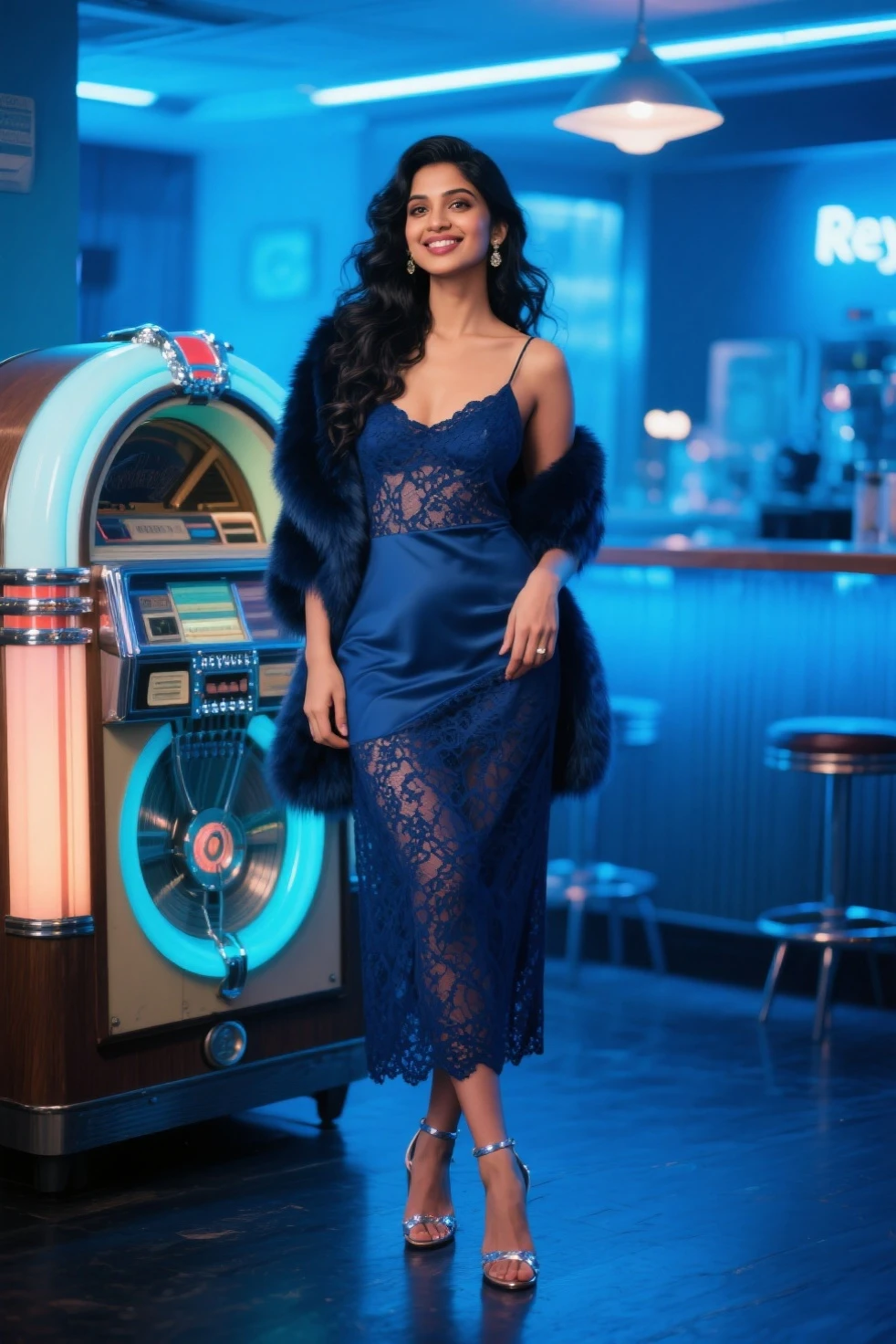 Portrait Photo of an actor in 1960s attire, leaning against a classic diner's jukebox, under vibrant and contrasting lighting, from a slightly tilted angle, embodying the mood of cool and retro <lora:more_details:0.7> <lora:picxer_real:0.6>