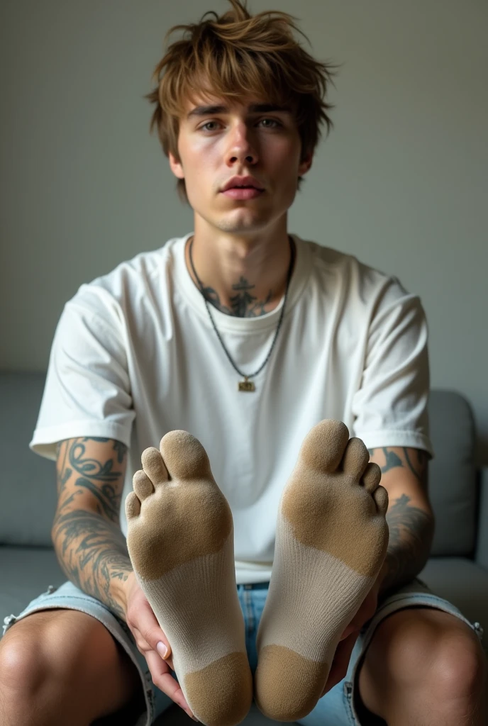 emo boy, very pale skin, blond hair, Showing her soles, sweaty feet, aesthetic feet, barefoot, correct toes, sitting on sofa, heated, light black clothing, realist