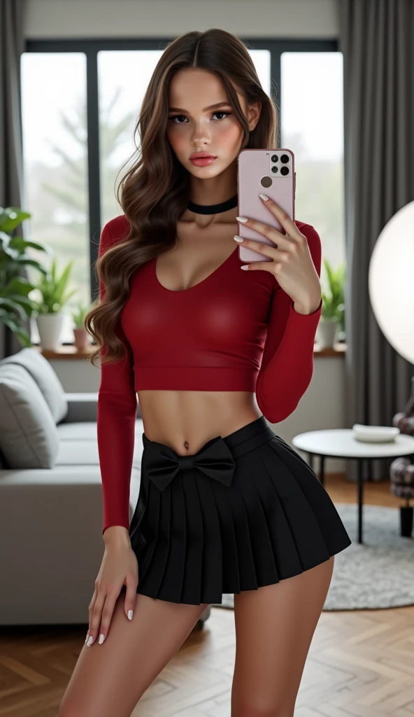 Foto hiperrealista en primer plano de Madison Beer, large breasts, masterpiece, best quality, (photorealistic:1.4), full body, (Red satin luxury long button-up shirt :1.1), (leather skirt), cinematic light, beautiful woman, large breasts, wavy hair, detailed face, photo taken from a distance, lin a old abandoned factory at night, amber twinkle lights in background, romantic lighting, beautiful flower surround her (surrounded by flowers:1,15), (sunset:1.05)