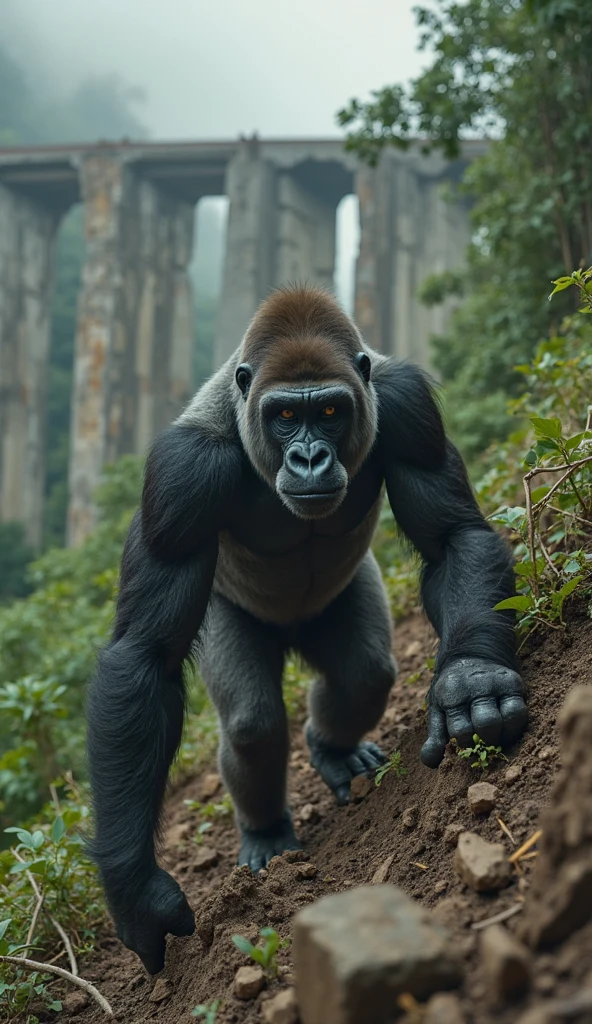 Gorilla climbing a cliff、Long-distance camera、Shot from behind