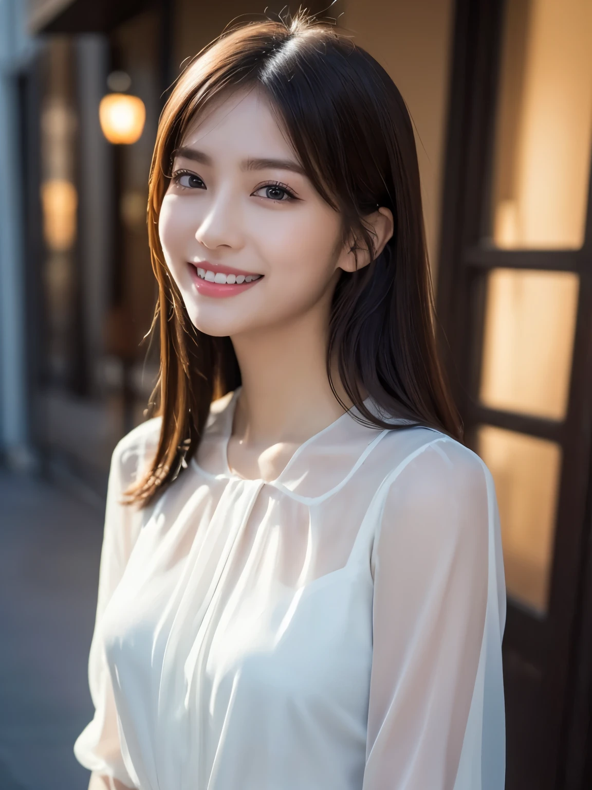 ((masterpiece)), ((Highest quality)), ((Complex)), ((Surreal)), (Realistic), (Mature Woman), ((No classes)), Very detailed, (1 female), Beautiful and exquisite, (Beautiful Teeth), Grin, Brunette Bob Hair, Brown eyes, ((blouse)), (Upper Body), (background:none), Perfect Eyes, Captivating eyes, Looking at the audience
