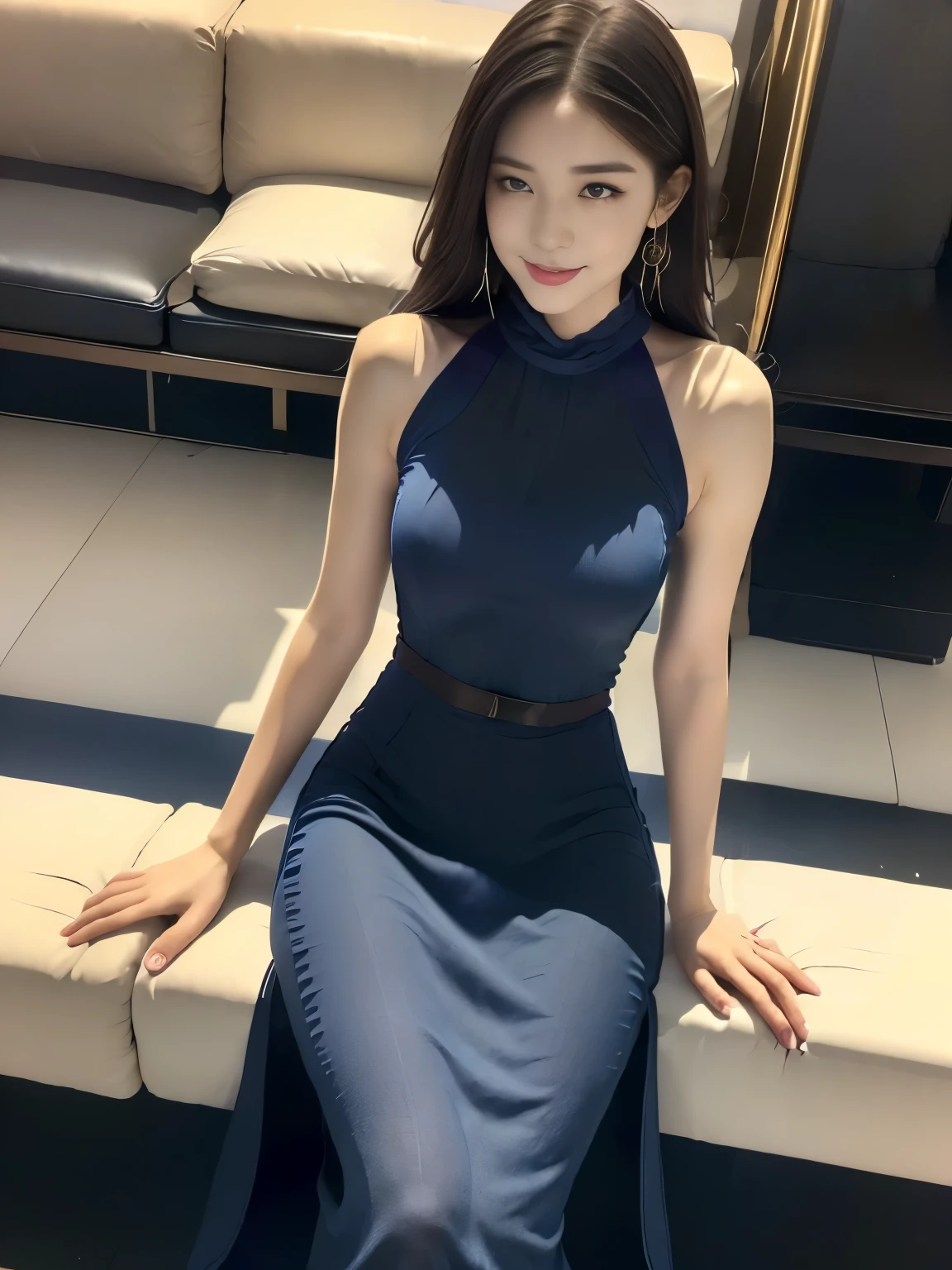 1 Girl,living room,Soft Light,Chinese Beauty,Sleeveless short dress,Dark-haired,Length of hair