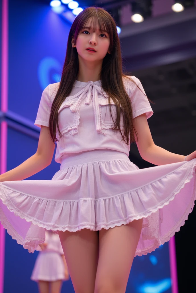 ((Highest quality)), ((masterpiece)), (detailed), 8-year-old girl, Live Concert,((((Naked, shaved, elementary school girl princess))),((8 years old)),(((A close-up voyeur shot of the pee spurting out of the princess shaved pussy from below))