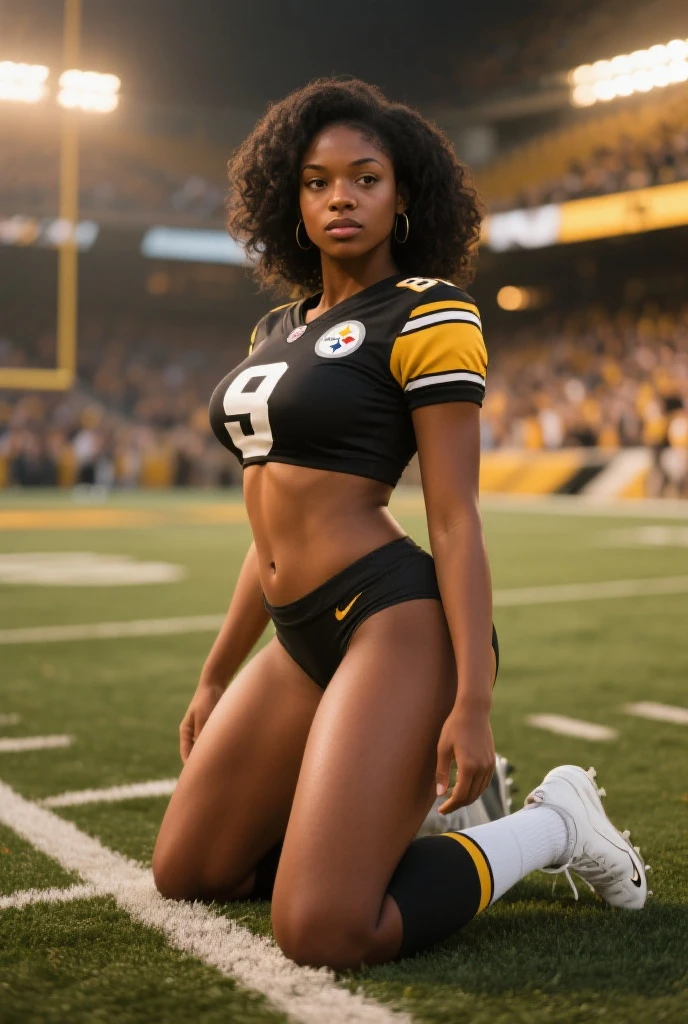 masterpiece, expressive eyes, jessica biel as age girl, dark skin, ebony, topless, stockings, short hair, white cheerleader uniform, stadium
