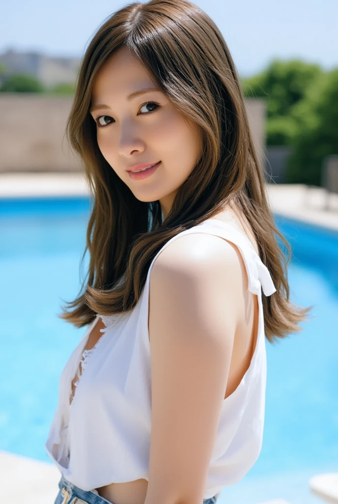 (((solo person))),(((A young actress with outstanding style poses for a gravure photoshoot at an old hot spring inn with an evening atmosphere.))),(((Enjoy the hot springs by soaking yourself up to your waist in a small mixed rock bath with a beautiful sunset.))),((Take a picture from a high place behind)),(((A simple high-leg one-piece swimsuit made of transparent white material that hugs your body is sexy.))),((Shooting from high back)),(((Sitting with his hips on the bottom, soaking in the hot spring, he lifts his chin and looks up at the camera.))),(((Sitting in the bathtub with your knees together))),(((masutepiece:1.6))),(((ulzzang-6500))),(((perfect anatomia:1.3))),(((Beautiful background bokeh with deep depth of field by Hasselblad))),(((beautiful waistline))),masterpiece,top-quality,超A high resolution,High resolution upper body portrait,(photographrealistic:1.4),(((High nose and chiseled beautiful face))),(((Long limbs like a model))),Fair skin is dazzling,20 years old and very cute,Her long, lustrous chestnut hair is tied back and the nape of her neck is very sexy.,((Plump G-cup bust and narrow waistline),A detailed eye,((Raise the corners of your mouth and laugh out loud)),Cute big eyes and long eyelashes,Distinct double eyelids,((shiny thick lips)),(((perfect anatomia))),