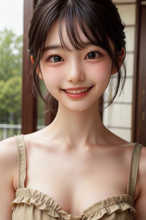 (8k, Photorealistic, RAW Photos, Best image quality: 1.4), Japanese schoolgirl、Super detailed face、Eye on the details、double eyelid、Sharp focus:1.2、Beautiful woman:1.4、Light brown hair、Highest quality、masterpiece、Ultra-high resolution、(Photorealistic:1.4)、非常に詳細でプロフェッショナルに照らされたsmile、(Robe Dress:1.5)、blush、Tear bags、amount、Cleavage、Small breasts、Hair Bun、From above、High angle、Armpits、smile、Selfie、freckles、Sweat、