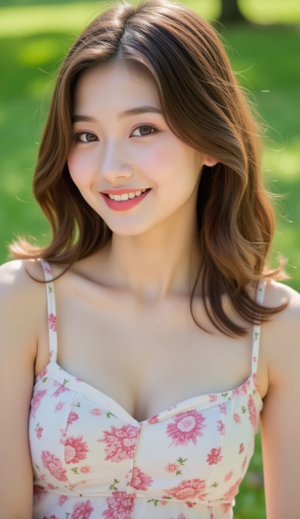 pregnant woman,Pregnancy,Big belly,late pregnancy,massive belly,Very big belly,Pregnant women,View here、A smile,finerly detailed face,Lifelike face,A slight smil,((of the highest quality, 8K, masutepiece: 1.3)), Beauty, pure, Melon face, gentle and cute, Sweet smile, pure lust, Slender body, (front), (Head Tilted), ((looking in camera)) , Wearing a patterned dress, Medium Hair, long shoulders, black round big eyes, clear big eyes, Moist red lips, Dolce, Sitting on a chair, Flower Park Background, (((Full body))) ,high resolution RAW color photos、professional photograpy、Same skin type as humans Masterpiece, Super Detail, 超A high resolution, (Realistic and realistic photos: 1.37), high-definition RAW color photography, extremely delicate and beautiful, ighly detailed, Skin Color
