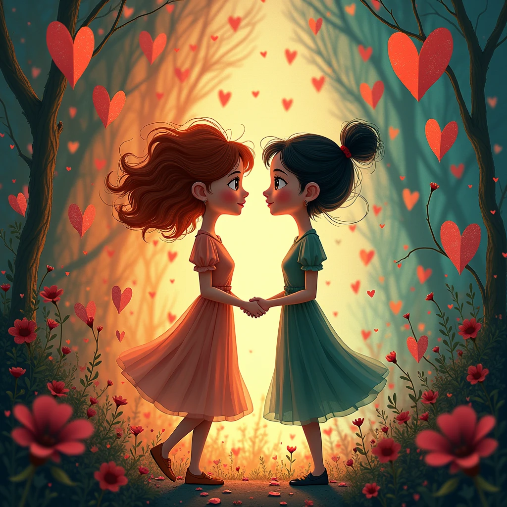 Two girls kissing in a Disney style