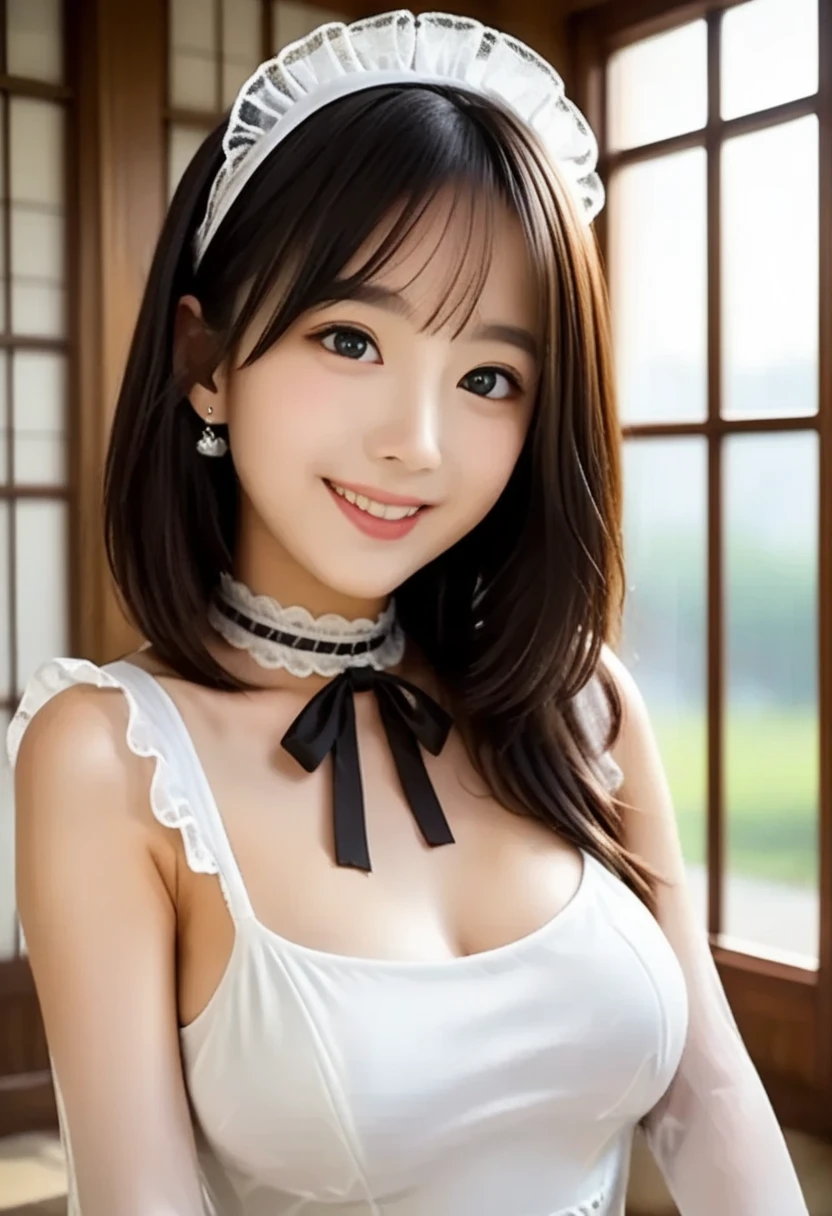 (Highest quality, DSLR photography, 8k, highest quality, high resolution, highest quality, highest resolution, very beautiful woman, perfect anatomy), light brown eyes, very light brown eyes, small diamond-shaped earrings, looking directly at the camera, beautiful brown hair, ((baby face, loosely cute medium ponytail)), very short and beautiful bangs with brown hair, E-cup chest, showing beautiful décolleté, very beautiful 20-year-old, lip gloss, smiling very happily, very cute smile, upper teeth, beautiful teeth, (elegant mansion interior (background only)), slightly larger eyes, small face, tall supermodel, beautifully shaped model, gravure style random cute poses, dynamic angles, eye focus, head tilt, very detailed and realistic, very beautiful 20-year-old, ((medium shot)), sharp jawline, ((black maid outfit)), deep waistline, sexy legs, side view, smiling and laughing very happily, summer afternoon.