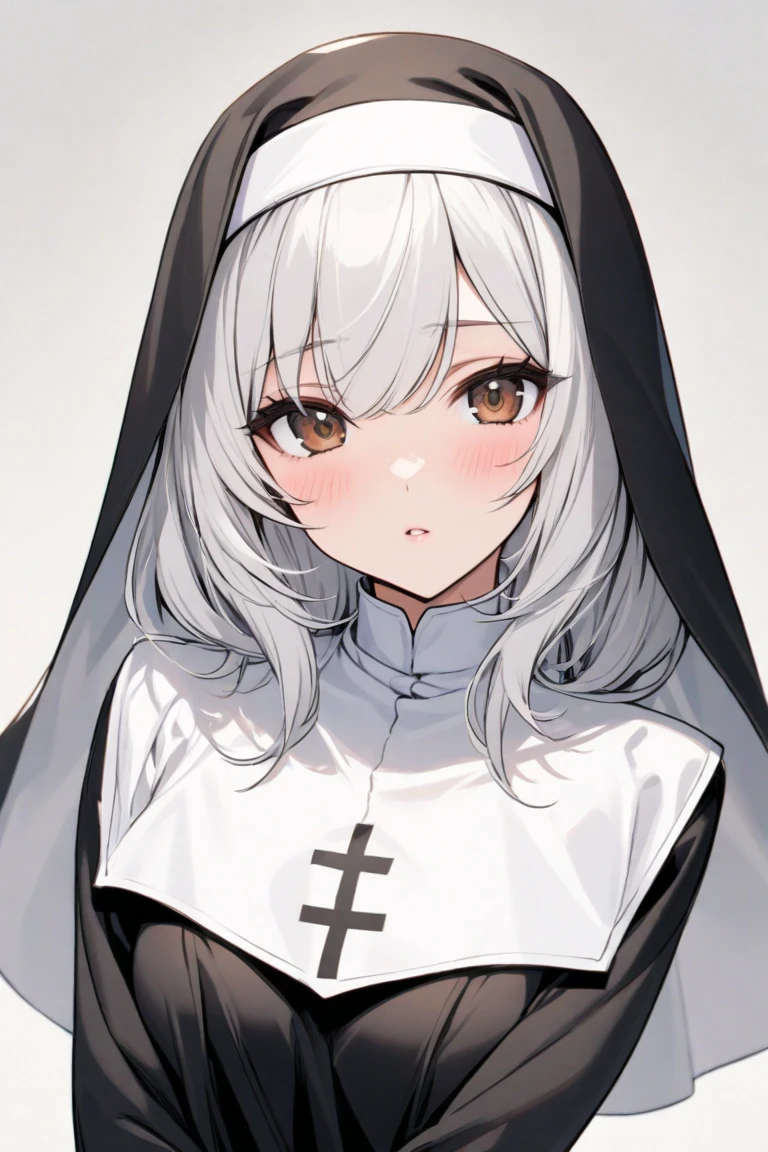 ({masterpiece}},{best quality,}，white background,full body,Middle Ages,1 woman，（20years old1:1),bule eyes,，smile，great chest,nun,,Quiet,sexy，({masterpiece}},{best quality}